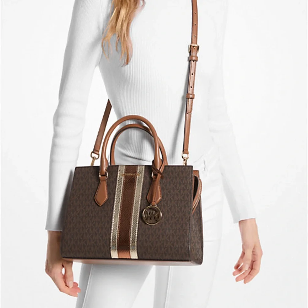 Michael Kors Sheila Medium Signature Logo and Metallic Satchel Crossbody CZ NWT